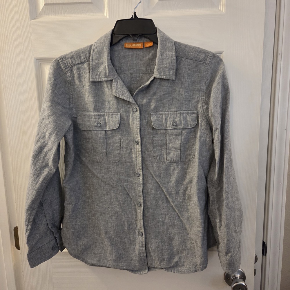Reel Legends sz L Performance Outfitters Linen Cotton blue/gray Womens button up